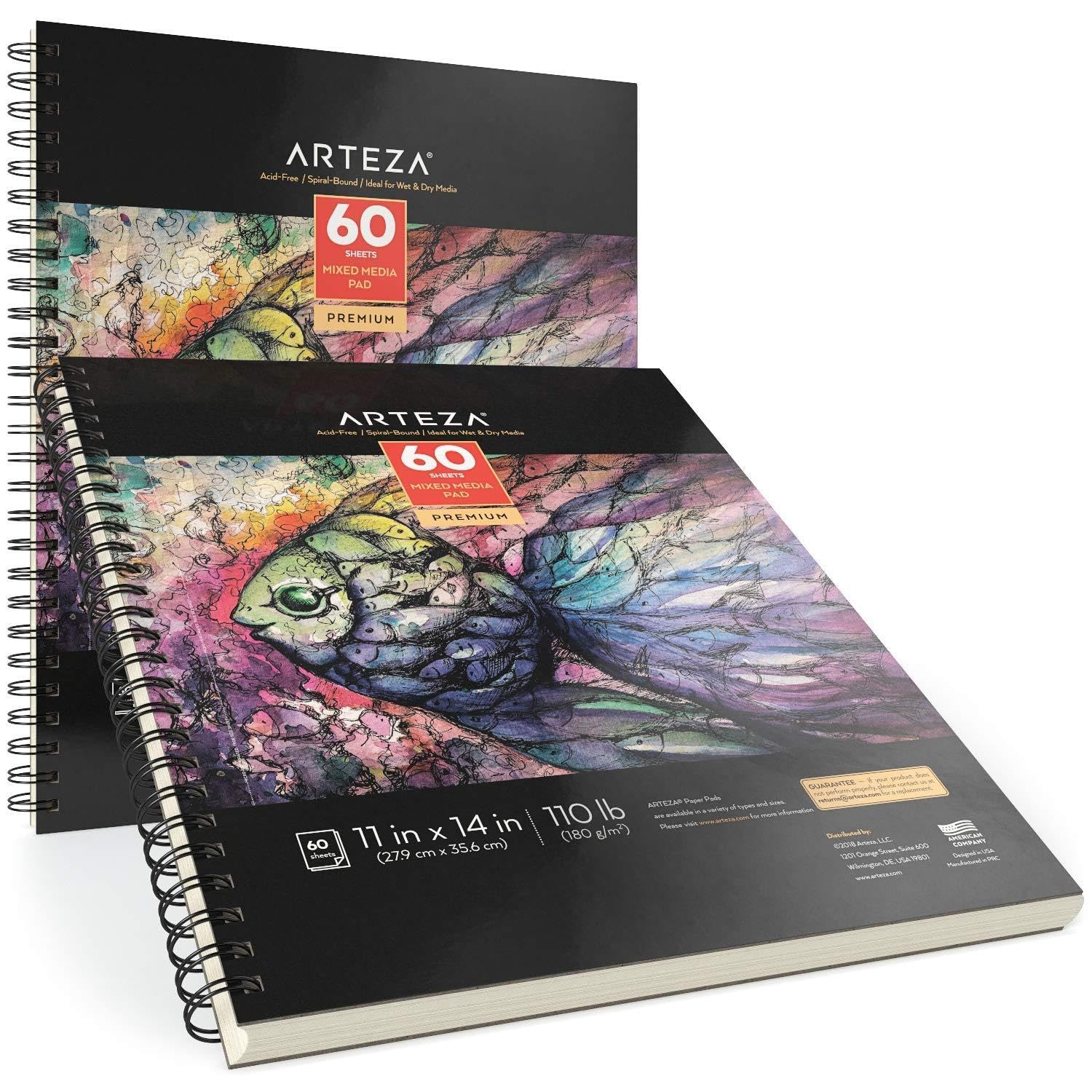 ARTEZA Mixed Media Sketchbook, 11 x 14 Inches, Pack of 2, 110lb/180gsm Mixed Media Paper, 120 Sheets, Spiral-Bound Multi Media Pads, Art Supplies for ARTEZA