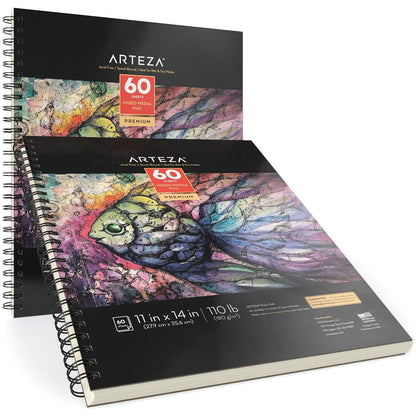 ARTEZA Mixed Media Sketchbook, 11 x 14 Inches, Pack of 2, 110lb/180gsm Mixed Media Paper, 120 Sheets, Spiral-Bound Multi Media Pads, Art Supplies for