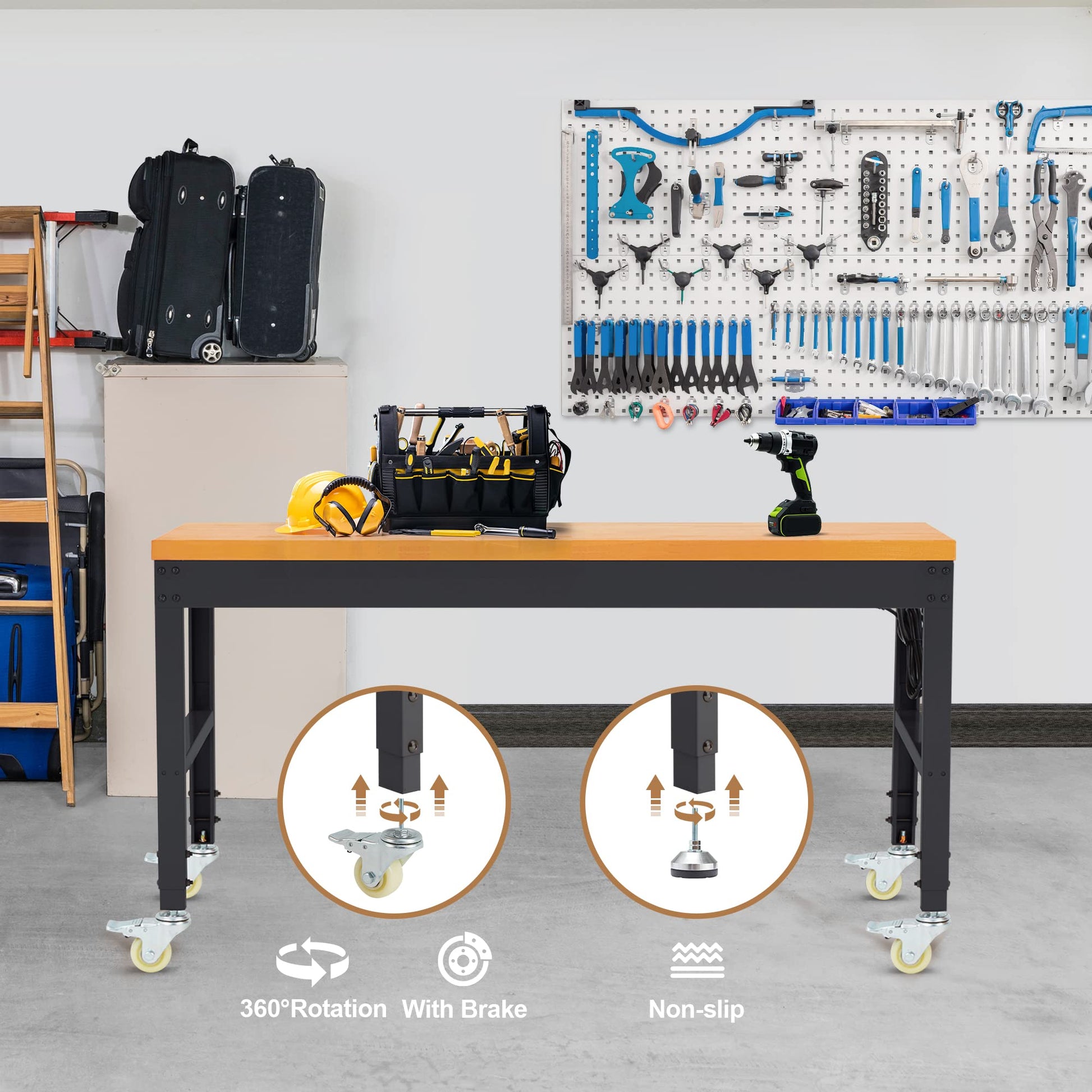 HABUTWAY Height Adjustable Workbench with Wheels 60“ x 22" 2000 Lbs Capacity Oak Board Work Station Heavy-Duty Rolling Work Benches for Garage Party - WoodArtSupply