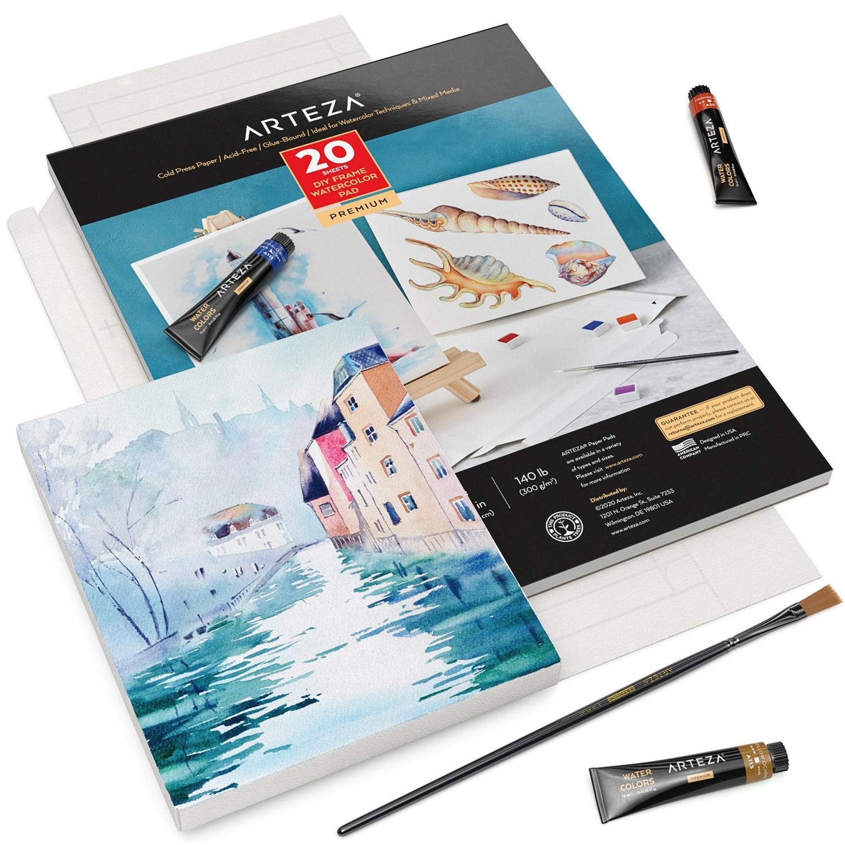 ARTEZA Watercolor Art Paper Foldable Canvas Pad, 7x8.6 Inches, 20 Sheets, DIY Frame, Acid-Free Heavyweight Paper Pad, 140lb/300 GSM, Art Supplies for ARTEZA