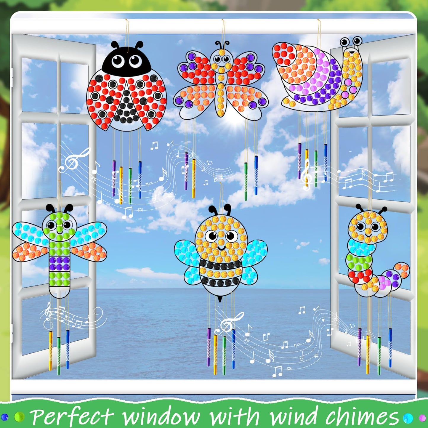 6 Pack Spring Arts Crafts Animals Gem Diamond Suncatcher Wind Chime Crafts for Kids DIY Spring Diamond Painting Wind Chime Gifts Exchange for Kids