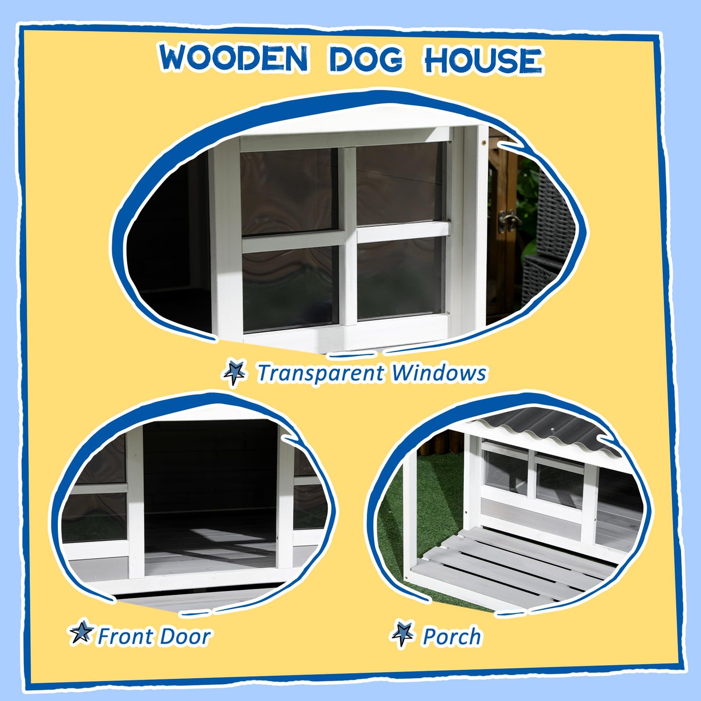 PawHut Wooden Dog House with Porch, Dog House Outdoor with Tilt Roof, Front Door, Windows for Medium Large Sized Dog