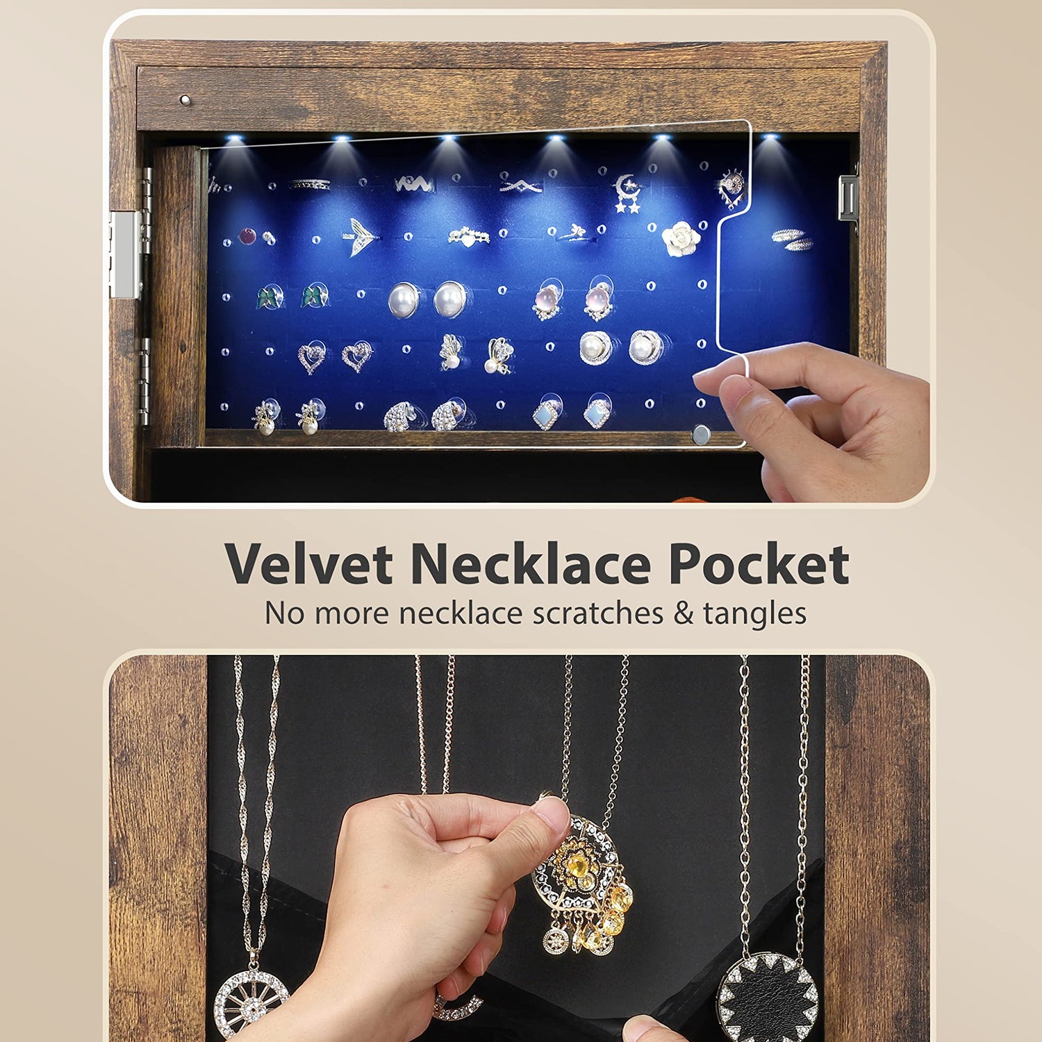 Nicetree 6 LEDs Mirror Jewelry Cabinet with 3 Improvements, 4.2" D Door/Wall Mounted Jewelry Armoire with Full Length Mirror, Larger Capacity, Nicetree