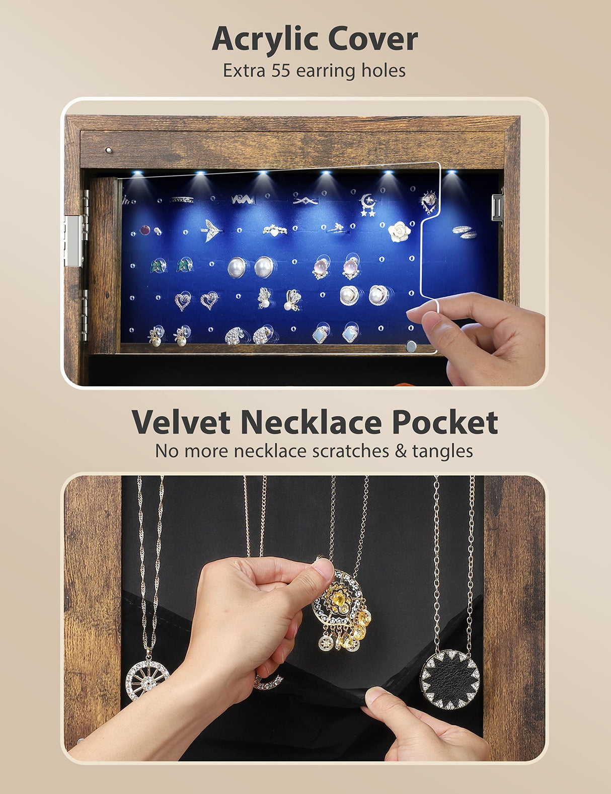 Nicetree 6 LEDs Mirror Jewelry Cabinet with 3 Improvements, 4.2" D Door/Wall Mounted Jewelry Armoire with Full Length Mirror, Larger Capacity, Nicetree