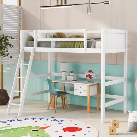 SOFTSEA Twin Size Wooden Loft Bed with Ladder and Guardrails - Space-Saving Design in White SOFTSEA