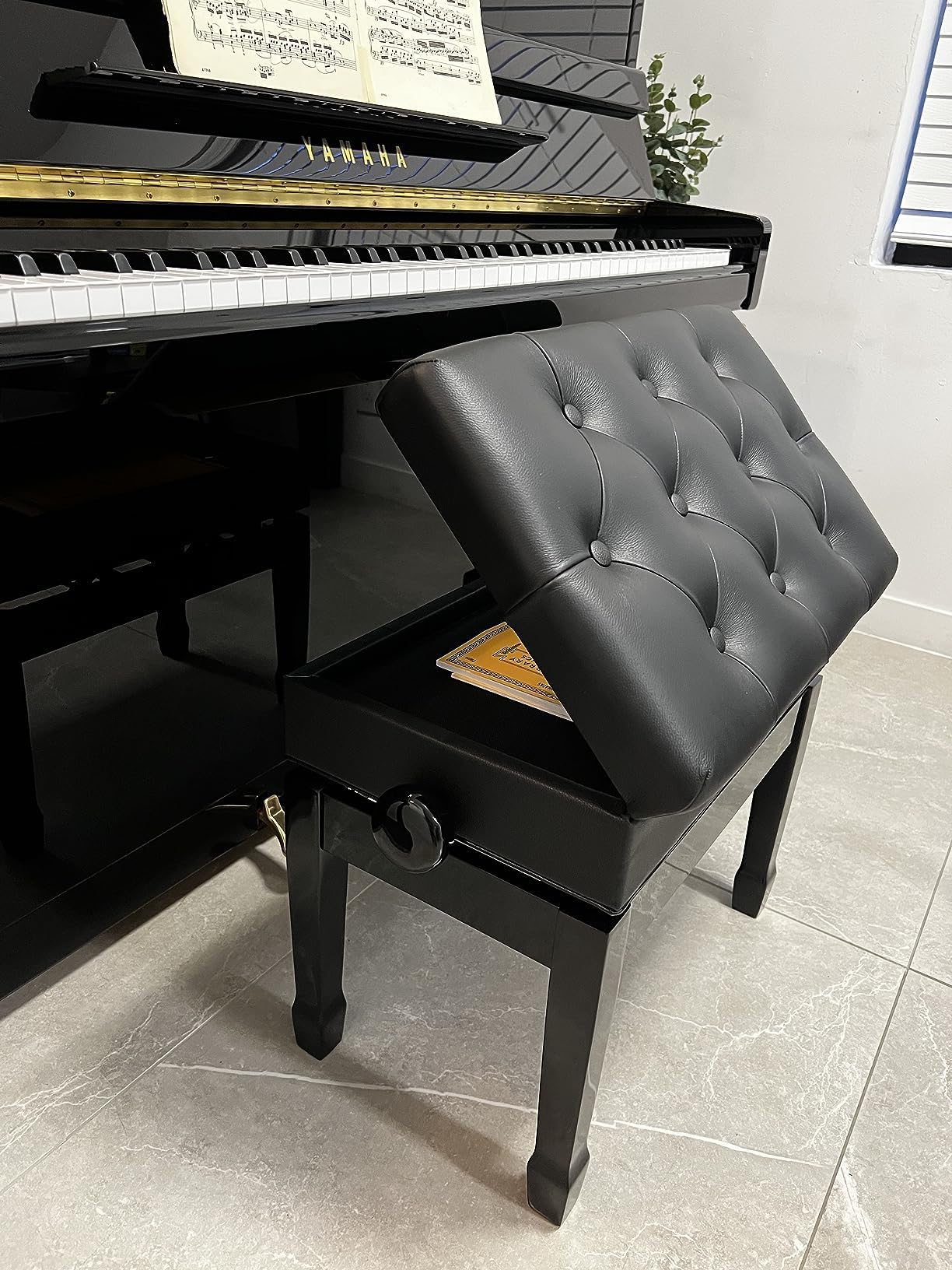 CPS Imports Genuine Leather Adjustable Artist Piano Bench Stool in Ebony with Music Storage - WoodArtSupply