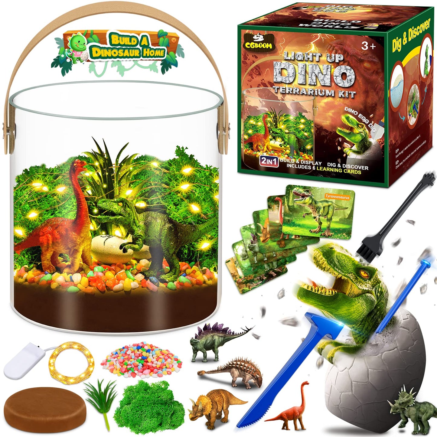 Light-Up Dinosaur Terrarium Kit for Kids and Dino Egg Dig Kit, Kids Birthday Gifts for Kids, Dinosaur Toys for Kids Ages 3-12, Kids Science Kits,