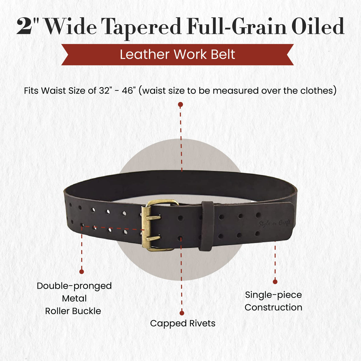 Style n Craft - 2" Wide Full-Grain Oiled Leather Work Belt, Durable and Rugged Belt, Dark Brown (#74052) - WoodArtSupply