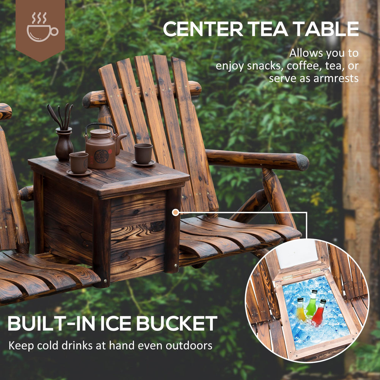 Outsunny Double Wooden Adirondack Chair with Ice Bucket, Outdoor Loveseat with High Backrest, Smooth Armrest, Rustic Brown Outsunny