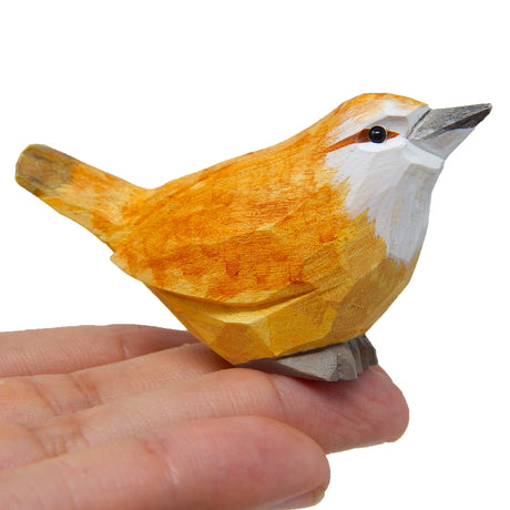 Selsela Carolina Wren Wood Figurine Statue Common Bird Miniature Handmade Art Craft Carve Small Animal Selsela