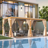 EROMMY Louvered Pergola 10' x 20' Outdoor Hard Top Gazebo with Wooden Grain Aluminum Frame and Adjustable Metal Rainproof Roof for Garden & Patio, EROMMY