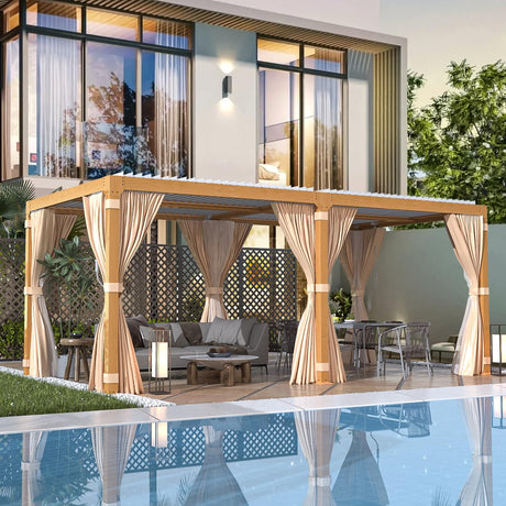 EROMMY Louvered Pergola 10' x 20' Outdoor Hard Top Gazebo with Wooden Grain Aluminum Frame and Adjustable Metal Rainproof Roof for Garden & Patio, EROMMY