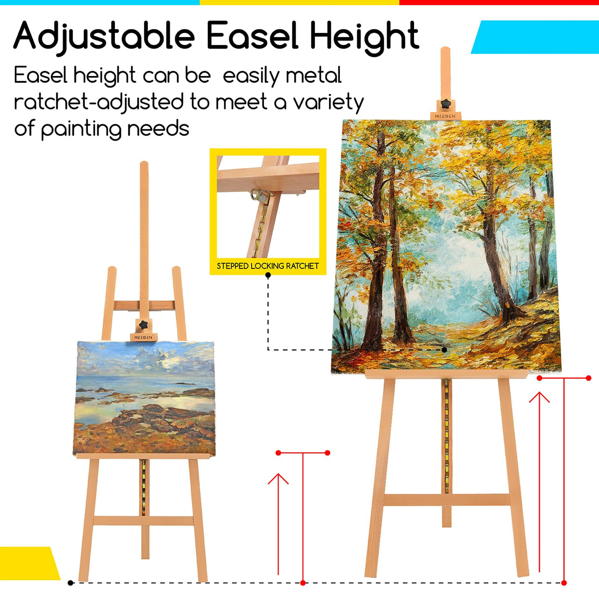 MEEDEN Large Basic Studio Easel, Solid Beech Wood Artist Easel,A-Frame Floor Painting Easel,Adjustable Height and Working Angles, Hold Canvas up to MEEDEN