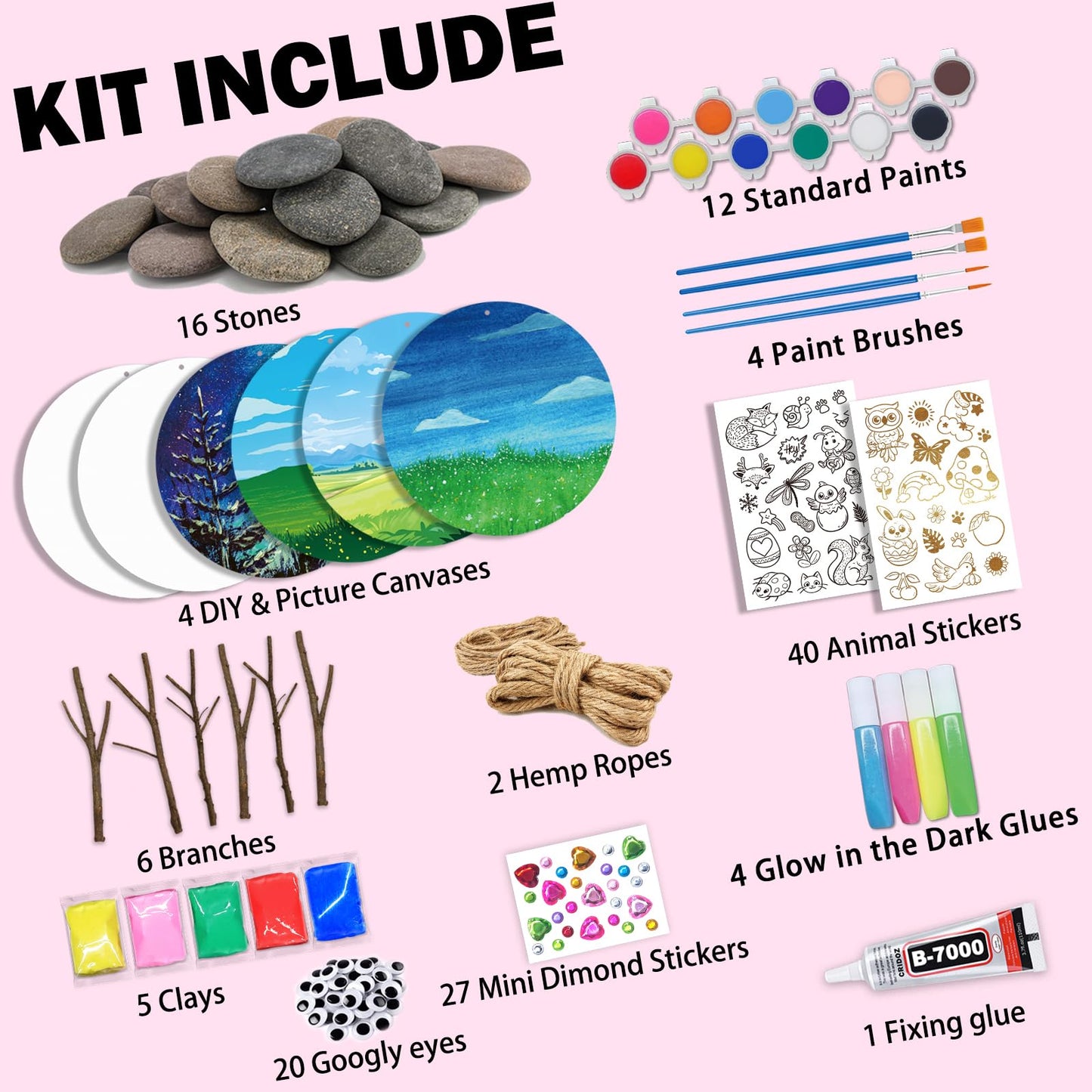 16 Rock Dark Painting Kit - Glow in The Dark - 141 Pcs Arts and Crafts for Kids Ages 4-8+, Art Supplies Set with 16 Paints Craft Kits, Kids DIY Toy - WoodArtSupply