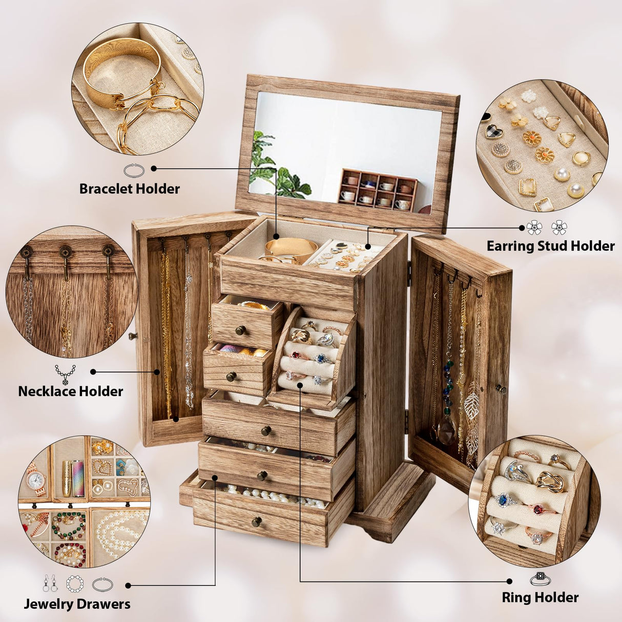 Yoimori Jewelry Box for Women, Rustic Wooden Jewelry Boxes & Organizers with Mirror & Drawers,6 Layer Jewelry Organizer Box for Rings Earrings Yoimori