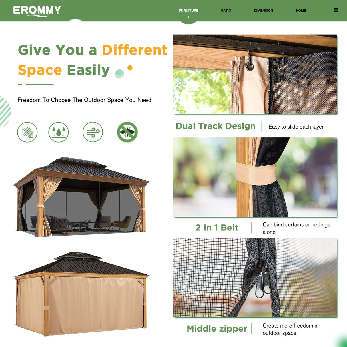 EROMMY 12' x 14' Gazebo, Wooden Finish Coated Aluminum Frame Canopy with Double Galvanized Steel Hardtop Roof, Outdoor Permanent Metal Pavilion with EROMMY