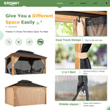 EROMMY 12' x 14' Gazebo, Wooden Finish Coated Aluminum Frame Canopy with Double Galvanized Steel Hardtop Roof, Outdoor Permanent Metal Pavilion with EROMMY