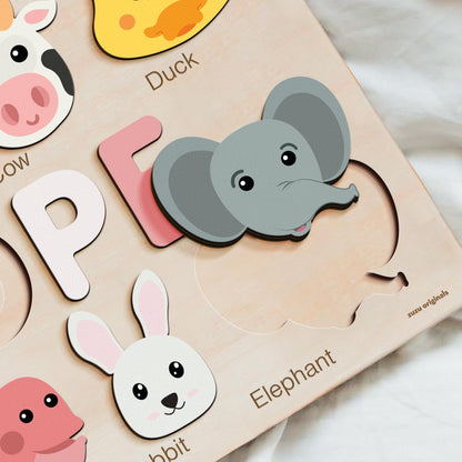 Animals Wooden Name Puzzle | Busy Board Puzzle | Toddler Toys | Baby Girl Gifts | Gift for Kids | Baby First Easter Present | Birthday Gift - WoodArtSupply