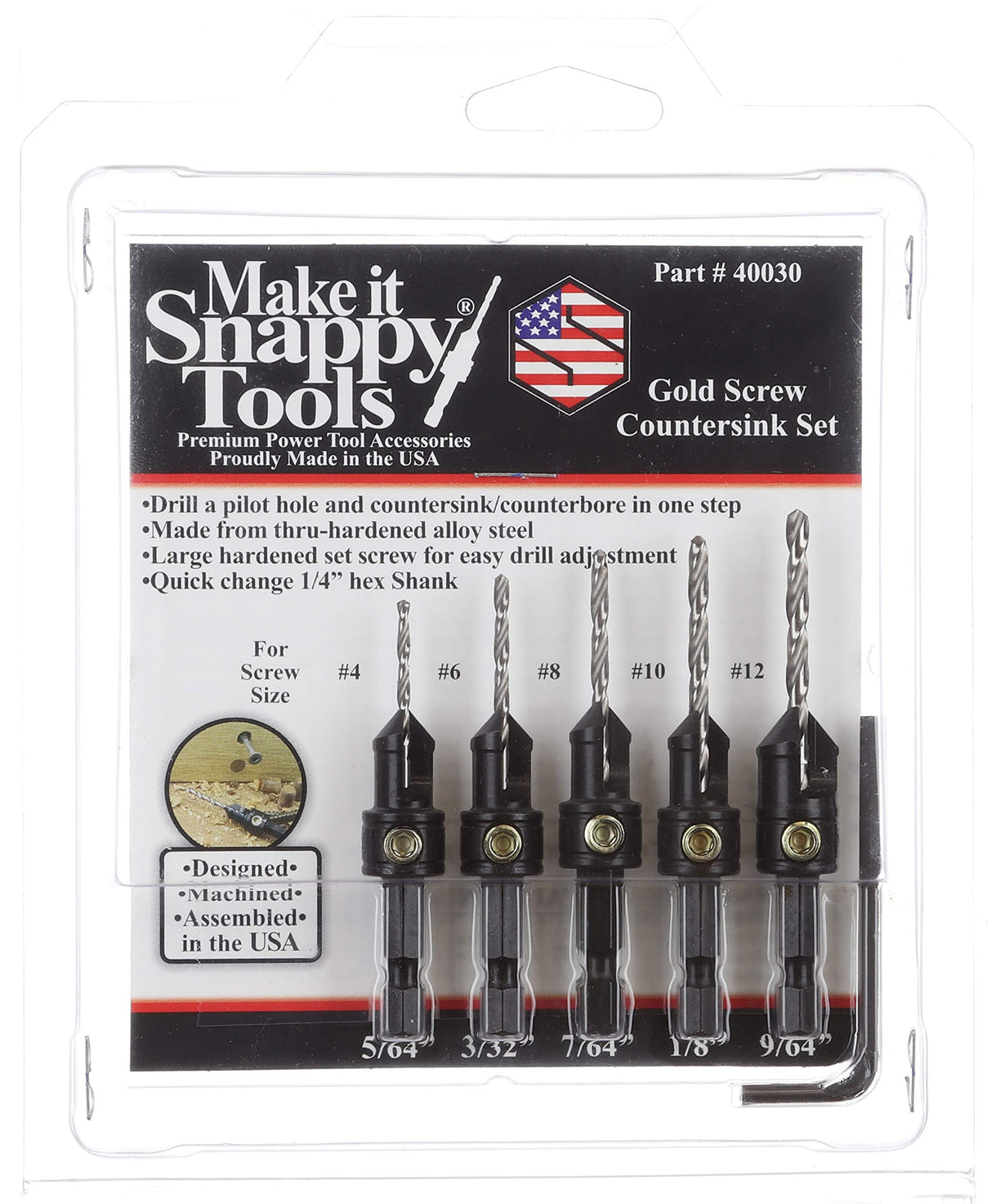 Snappy Tools Quick-Change 5-Pc. Countersink Drill Bit Set. Proudly Made in The USA. Make it Snappy
