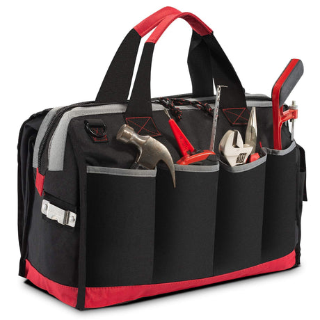 Pnochoo Waterproof Tool Bags for Men or Women, 16-inch Wide Mouth Tool Tote Bag with 25 Pockets for Tool Organizer & Storage, with Adjustable pnochoo