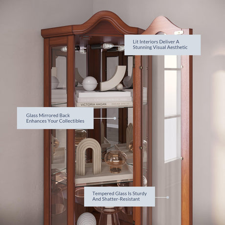 BELLEZE Lighted 3-Side Glass Display Curio Cabinet w/Tempered Glass Doors and Shelves, Curved Wood Corner Cabinet with Bulb, Corner Storage BELLEZE