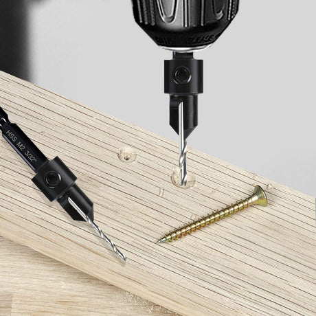 5-pc Countersink Tapered Drill Bit Set, 3in1 Woodworking Counterbore Hole Drill Bits for #6 8 10 12 16 Screws, Depth Adjustable M2 Pilot Drill Bits, - WoodArtSupply