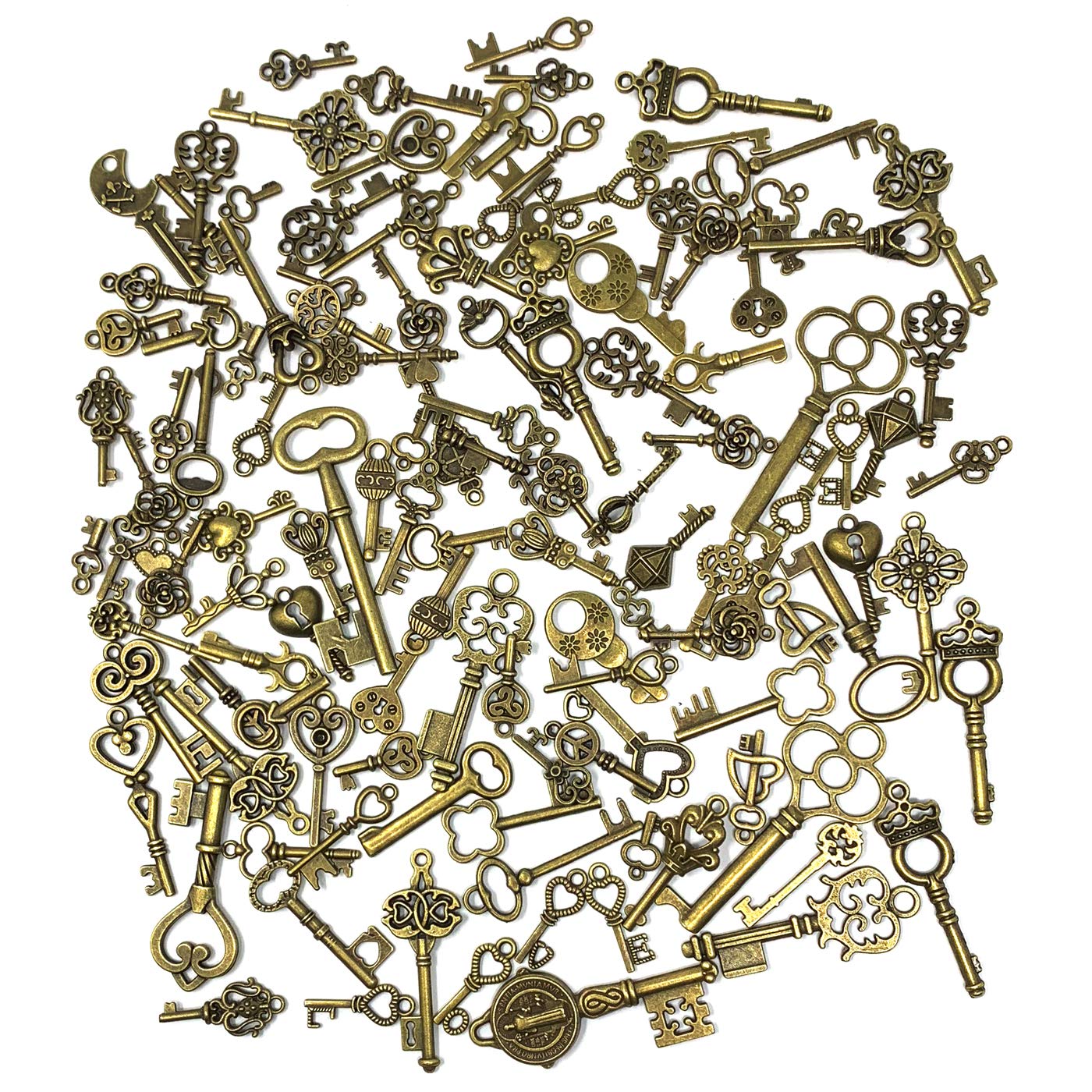 125 PCS Vintage Skeleton Key Set Charms, JIALEEY Mixed Antique Style Bronze Brass for Pendant DIY Jewelry Making Wedding Party Favors