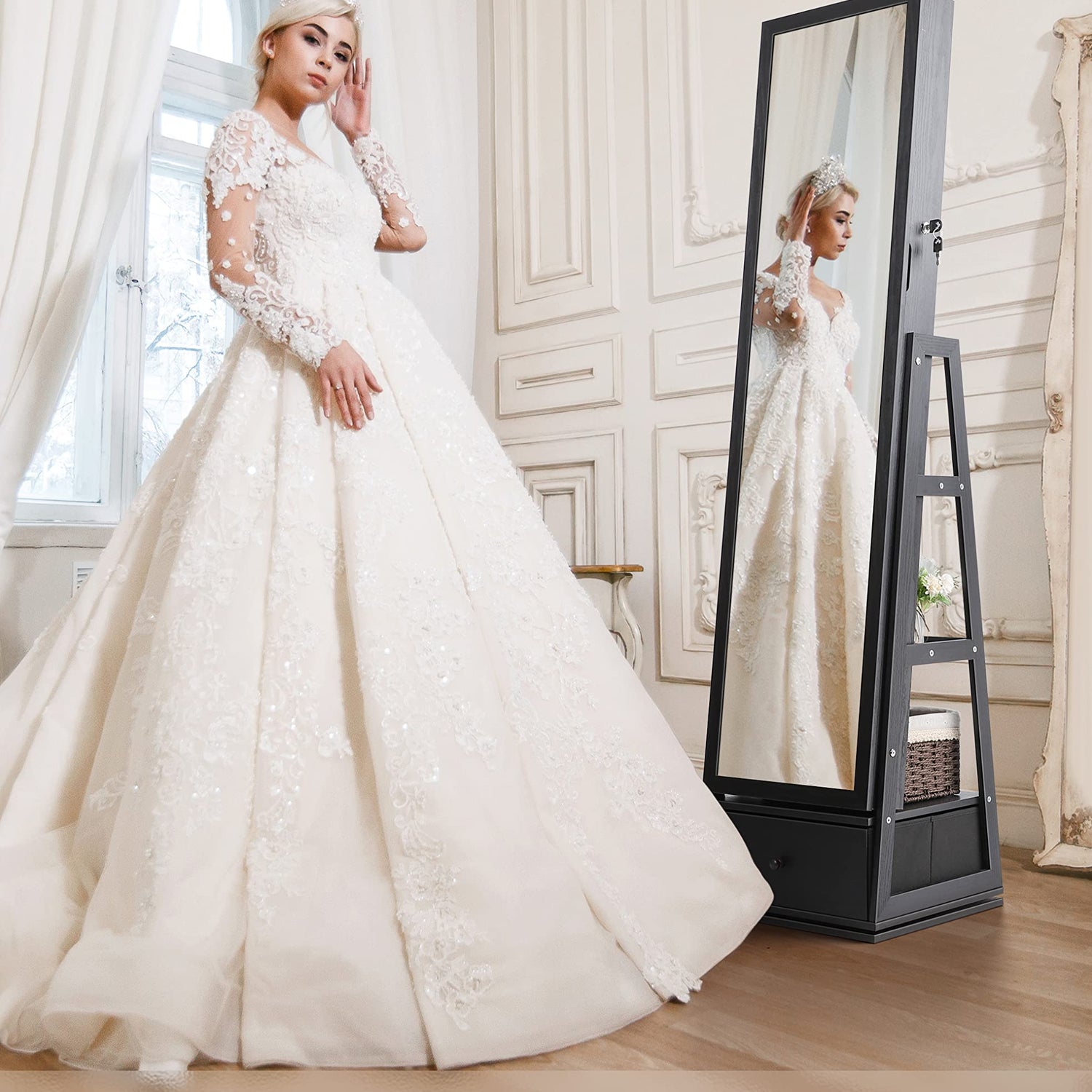 Nicetree 360° Swivel Jewelry Cabinet with Lights, Touch Screen Vanity Mirror, Rotatable Full Length Mirror with Jewelry Storage, Standing Jewelry Nicetree