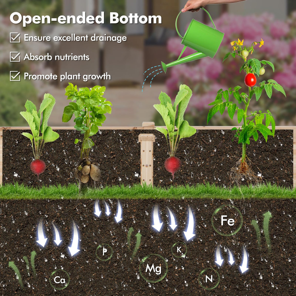 HAPPYGRILL Raised Garden Bed with Trellis, Wooden Planter Box with Divided Space for Vegetables, Flowers, Fruits, Climbing Plants, Outdoor Elevated HAPPYGRILL