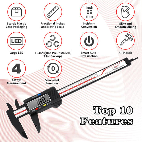 Digital Caliper, Esydon Upgraded Calipers 6 inch, Measuring Tool, Electronic Ruler, with Large LCD Screen, Auto-Off Feature, Inch and Millimeter Esydon