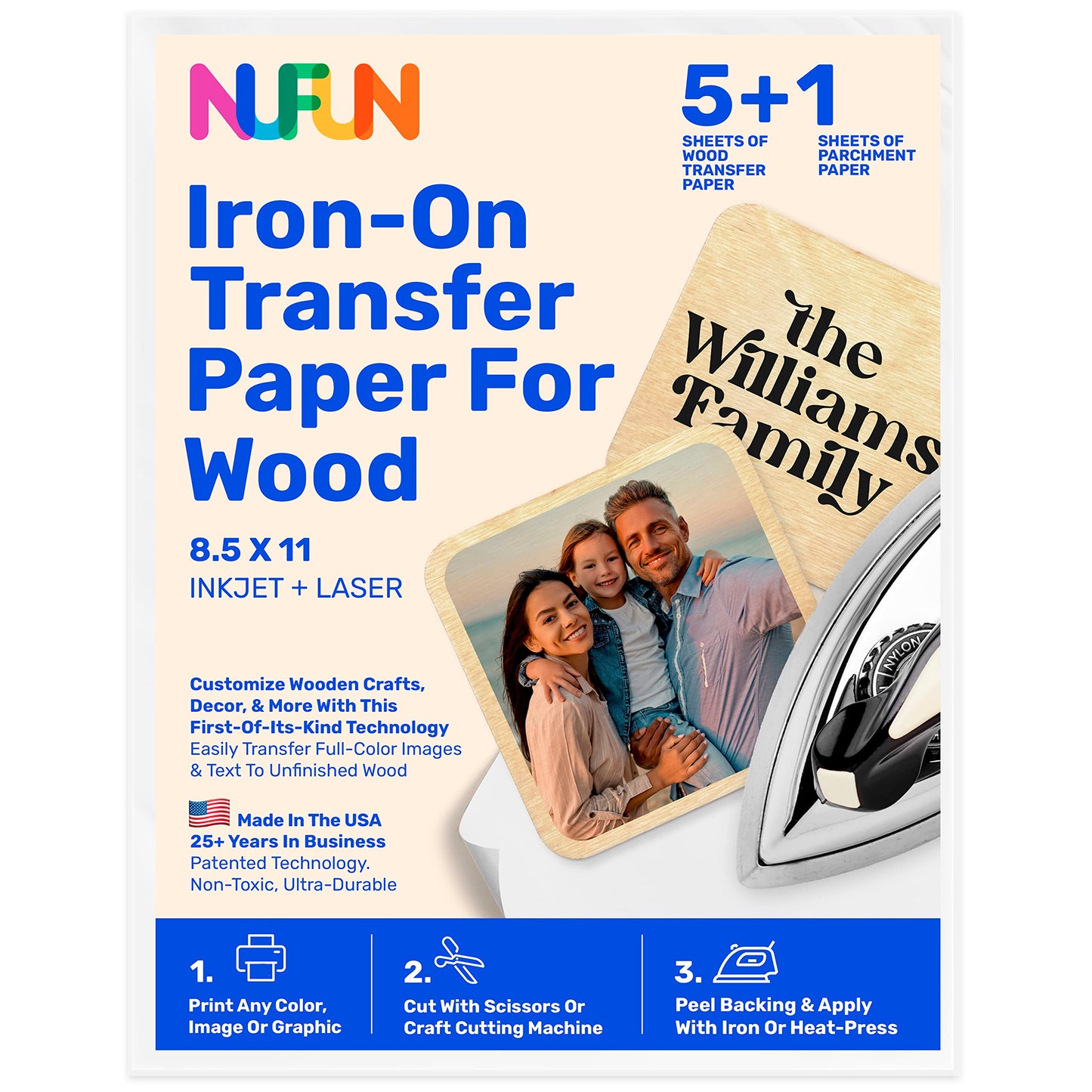 NuFun Activities Printable Iron-on Heat Transfer Paper for Wood, 5 Sheets 8.5 x 11 inch, Long Lasting, Durable, Professional Quality, Easy DIY, - WoodArtSupply