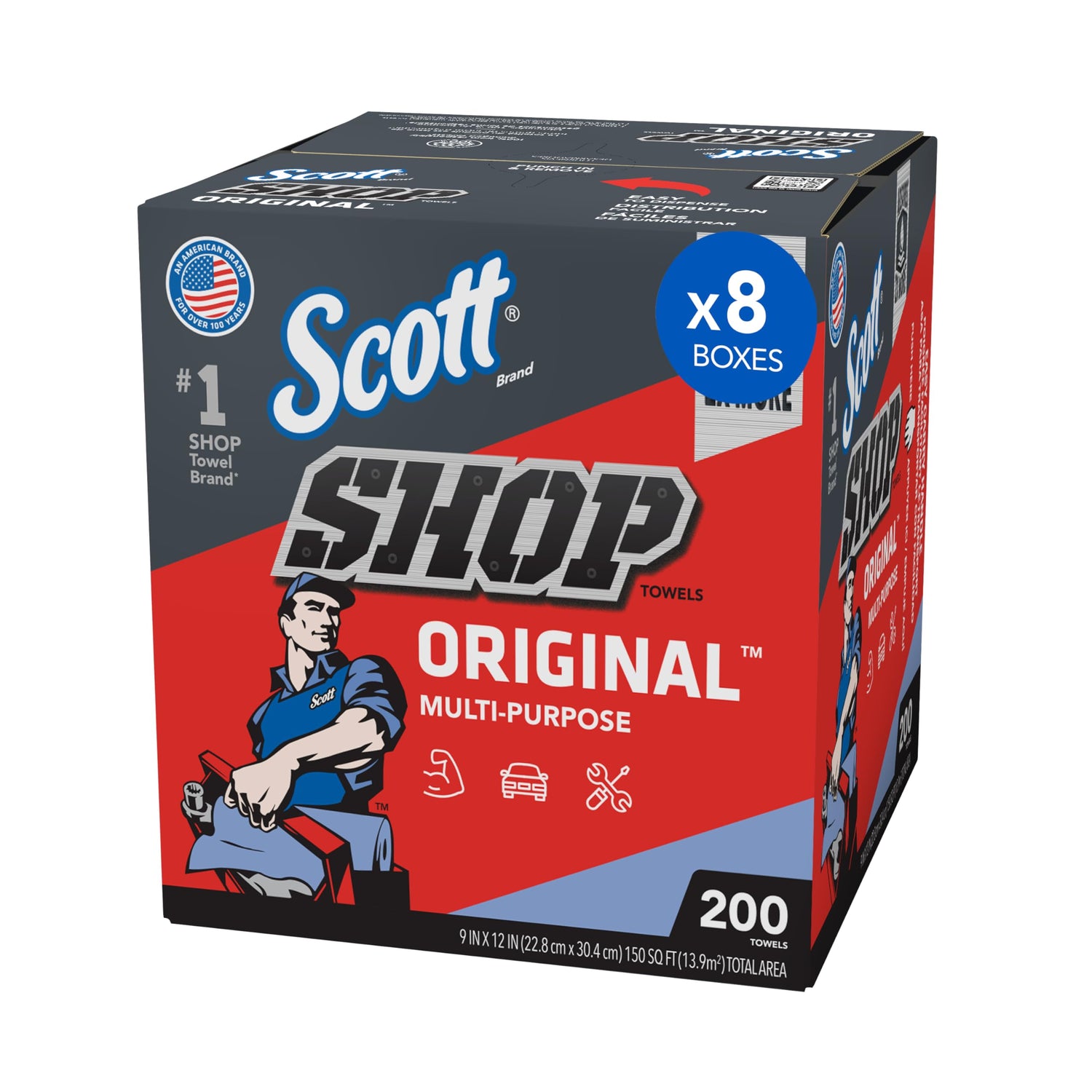 Scott® Shop Towels Original (75190), Blue, Pop-Up Dispenser Box (200 Towels/Box, 8 Boxes/Case, 1,600 Towels/Case) SCOTT SHOP ORIGINAL