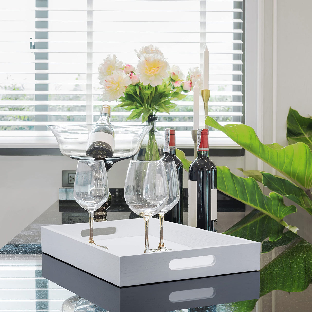 ATZYmolin Wood Serving Tray with Handles, Home Decorative Wooden Rectangle Ottoman Decor Platter Vanity Tray for Breakfast Dinner Drinks Kitchen ATZYmolin