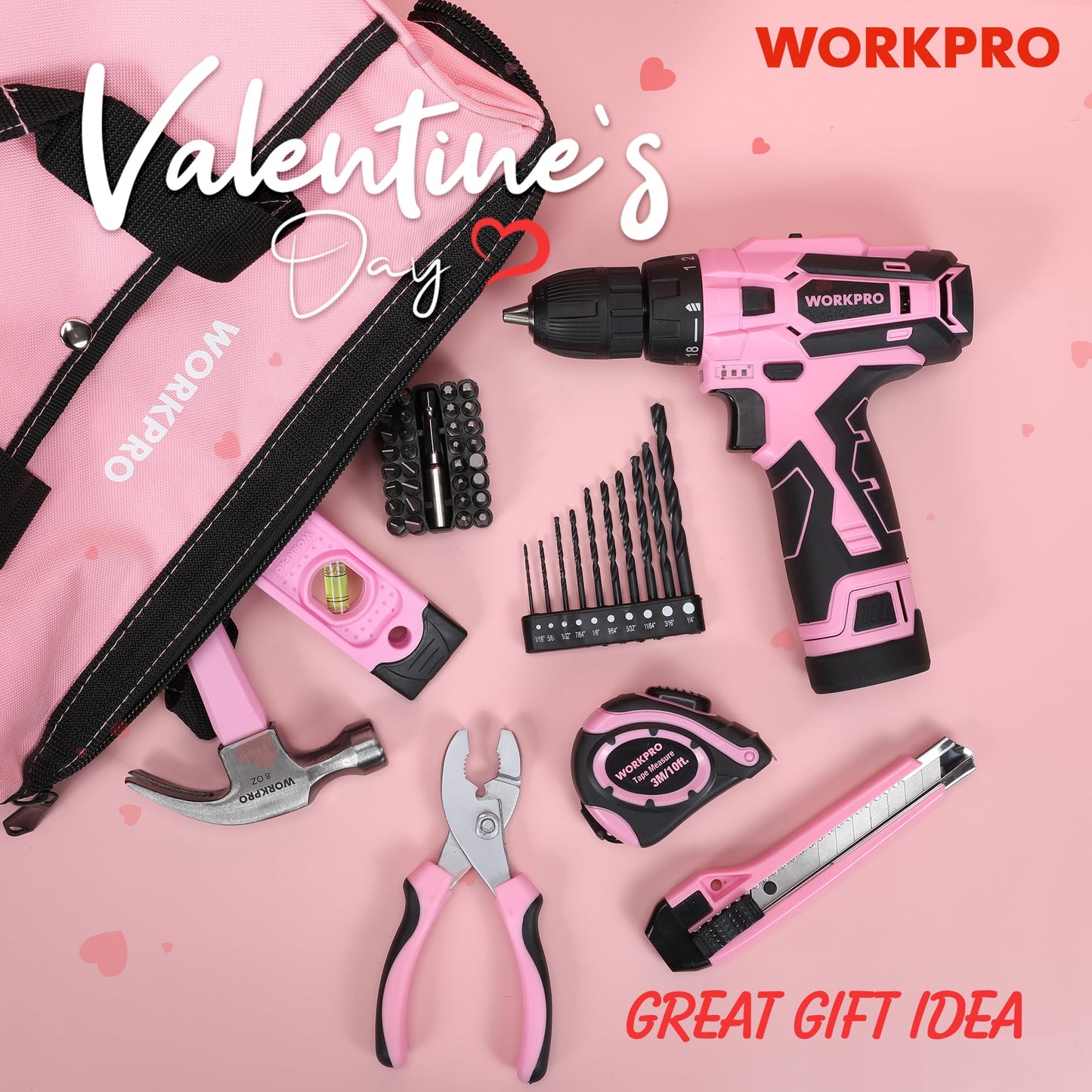 WORKPRO 12V Pink Cordless Drill Driver and Home Tool Kit, Hand Tool Set for DIY, Home Maintenance, 14-inch Storage Bag Included - Pink Ribbon