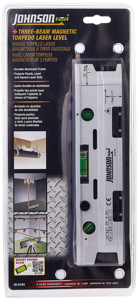Johnson Level & Tool 40-6184 Magnetic Torpedo Laser Level, Silver & Black, 1 Laser Level Johnson