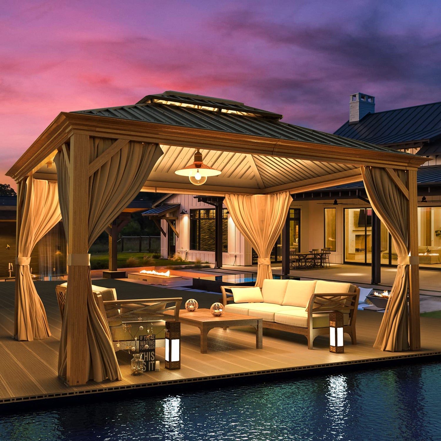 MELLCOM 10' x 12' Hardtop Gazebo, Wooden Finish Coated Aluminum Frame Gazebo with Galvanized Steel Double Roof, Brown Metal Gazebo with Curtains and MELLCOM