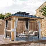 EROMMY 11'x13' Wood Gazebo, Outdoor Hardtop Gazebo Pavilion with Netting and Curtains, Spruce Wooden Frame Double Roof Metal Canopy for Patio EROMMY