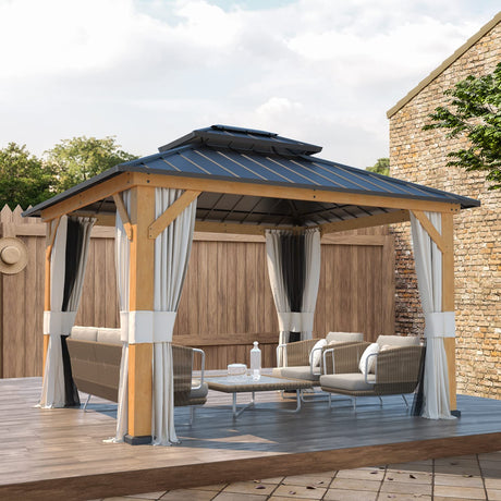 EROMMY 11'x13' Wood Gazebo, Outdoor Hardtop Gazebo Pavilion with Netting and Curtains, Spruce Wooden Frame Double Roof Metal Canopy for Patio EROMMY