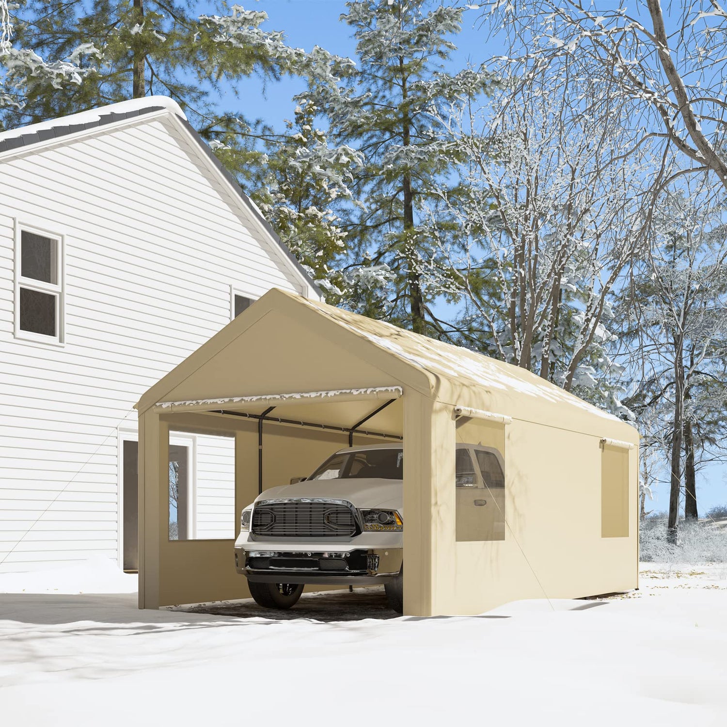 Gardesol Carport, 10'x20' Heavy Duty Carport with Roll-up Ventilated Windows, Portable Garage with Removable Sidewalls & Doors for Car, Truck, Boat, Gardesol