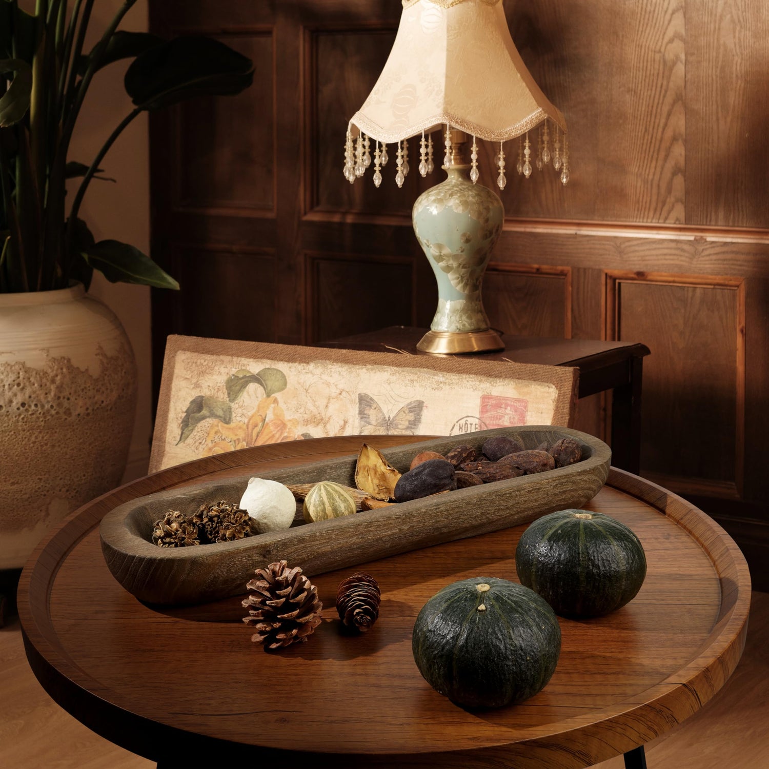 BORSHAE Wooden Decorative Farmhouse Dough Bowl Hand Carved Centerpiece (20 x 6 x 2 inches) BORSHAE