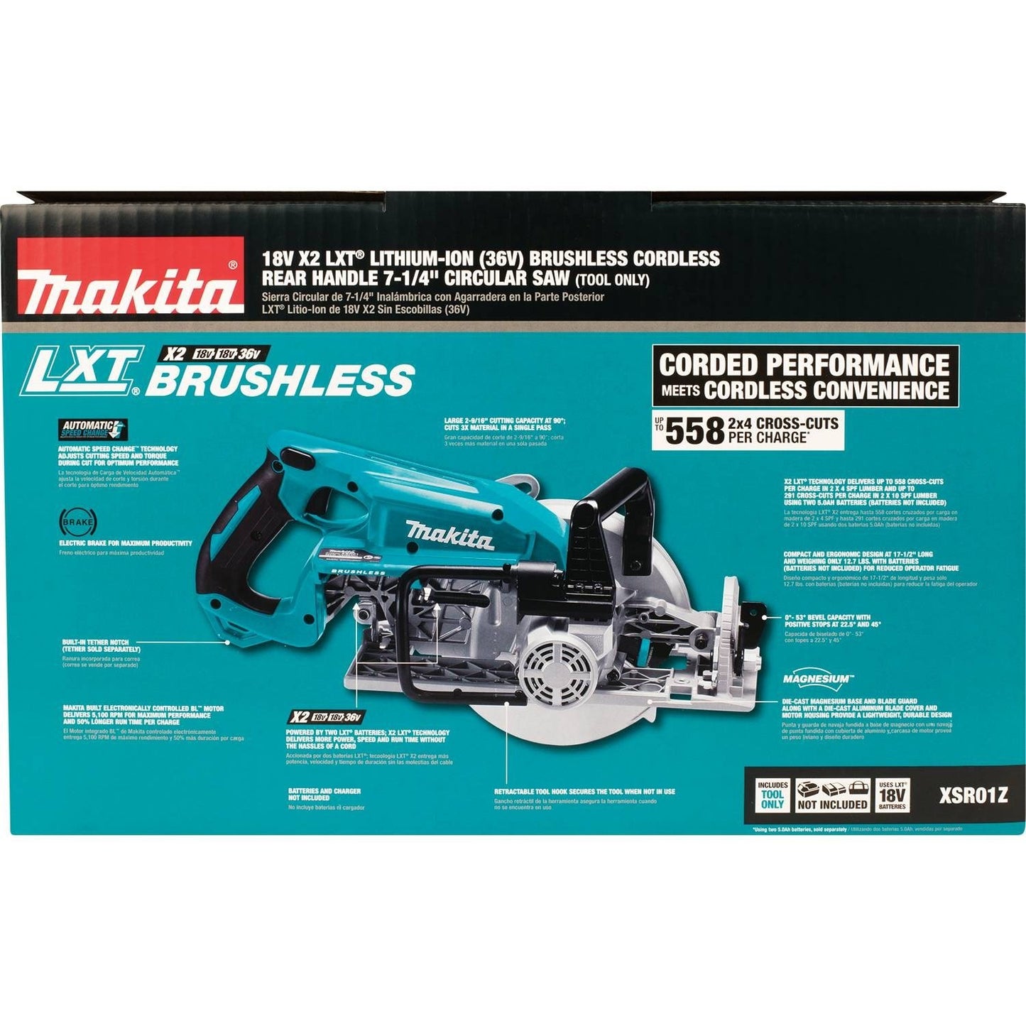 Makita XSR01Z 36V (18V X2) LXT® Brushless Rear Handle 7-1/4" Circular Saw, Tool Only - WoodArtSupply