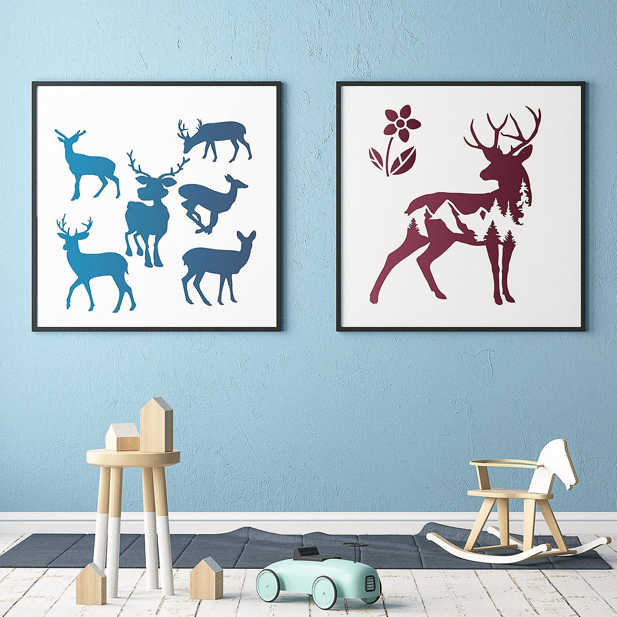 9 Pieces Forest Deer Mountain Stencils Moon Bamboo Pattern Stencils Animal Flower Reusable Templates Forest Theme DIY Stencils with Metal Open Ring Tenare