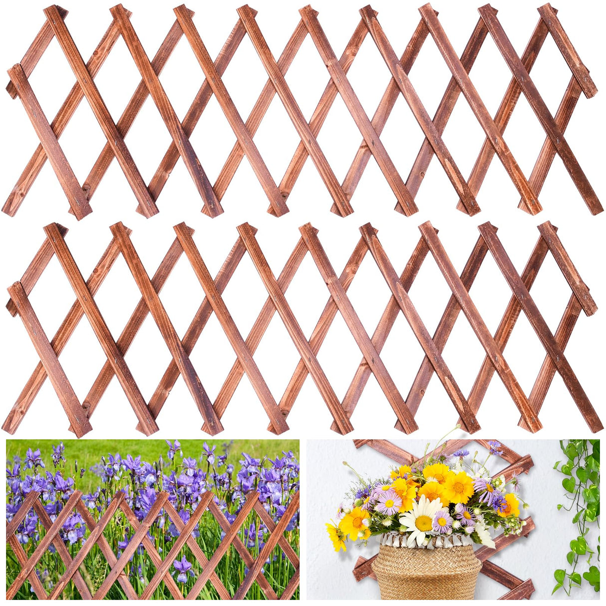 HolyMaji 2 Pack Expandable Wooden Lattice Fence, Garden Trellis for Climbing Outdoor Plants, Stretchable Panel Wall Trellis Vertical Rack Wood Frame HolyMaji
