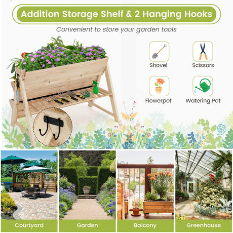 S AFSTAR 3-Tier Vertical Garden Bed, Wooden Elevated Planter Bed with Legs, Storage Shelf, 2 Hooks, Raised Bed Kit for Flower Vegetable Herb, Outdoor S AFSTAR