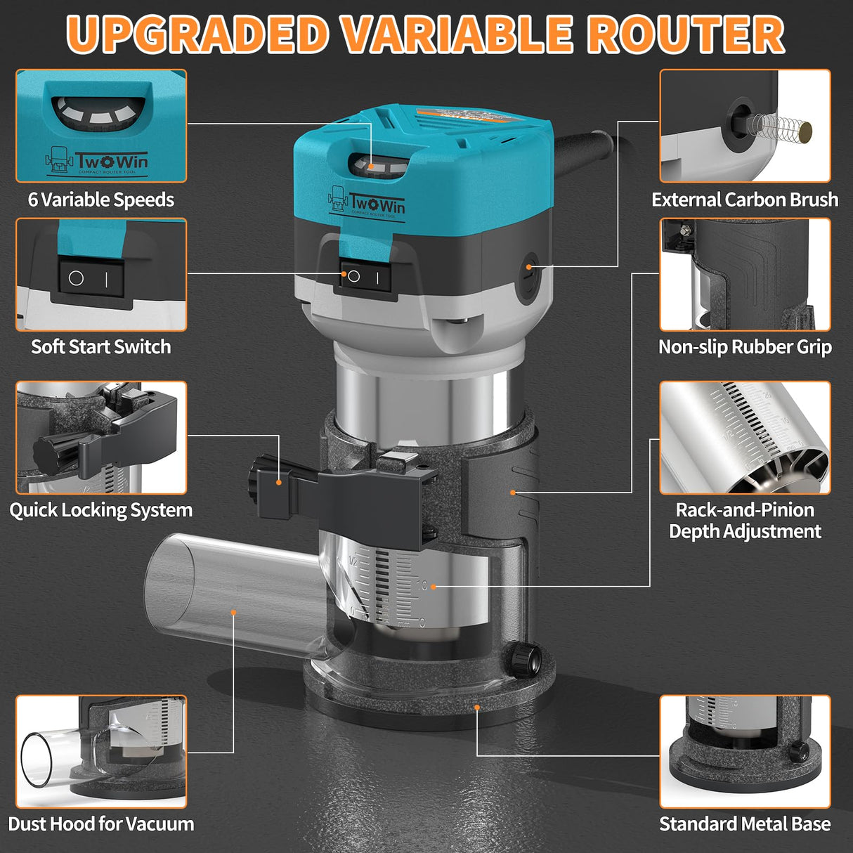 TWOWIN Router Tool, 6.5 Amp 1.25 HP Hand held Wood Router Tool, Compact Palm Trim Router for Woodworking, 6 Variable Speeds Fixed Base Laminate TwoWin