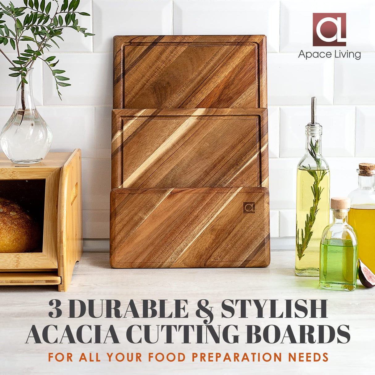 Chorus Wood Cutting Board Set with Juice Groove (3 Pieces) - Acacia Wood Kitchen Cutting Boards, Chopping Board for Meat (Butcher Block), Vegetables, Apace Living