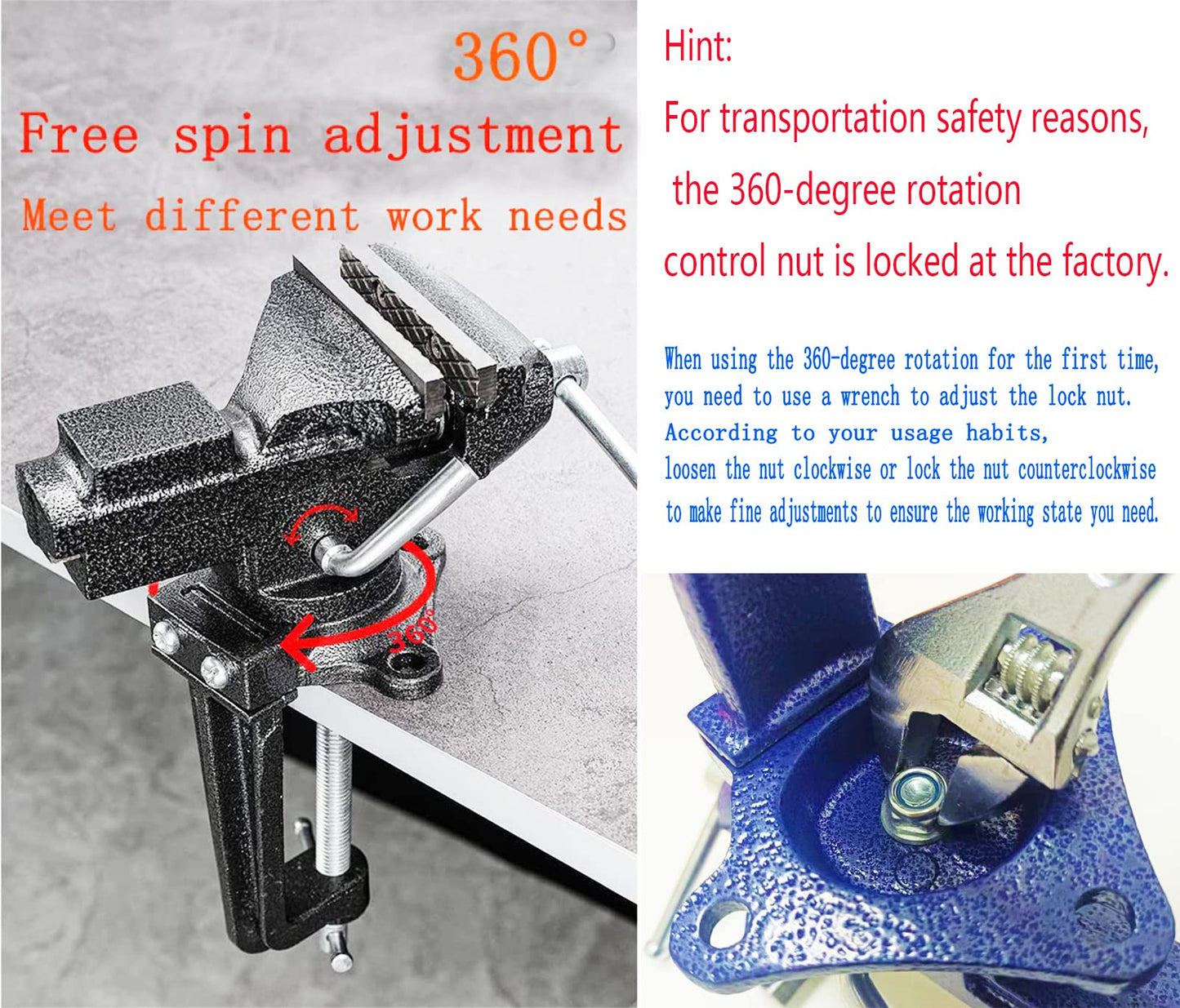 2-in-1 Dual-Purpose Combined Bench Vise or Table Vise with end-locking arrangement; Portable Universal Rotate 360° Work Clamp-On Vise, 2.5" Black