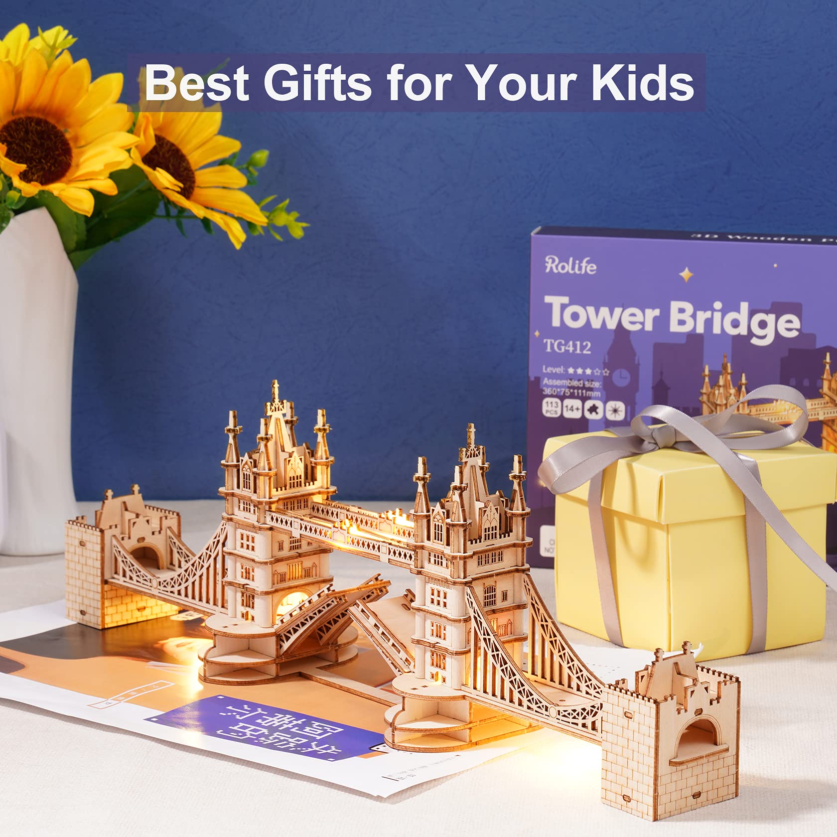 Rolife 3D Wooden Puzzles DIY London Tower Bridge Craft Model Kits for Adults to Build Birthday Gfit for Friends and Family - WoodArtSupply