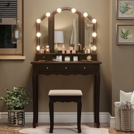 Tiptiper Vanity Desk, Makeup Vanity Set with Lighted Mirror and Stool, Dressing Table with 5 Drawers, 3 Light Settings & Adjustable Brightness, Tiptiper