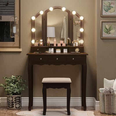 Tiptiper Vanity Desk, Makeup Vanity Set with Lighted Mirror and Stool, Dressing Table with 5 Drawers, 3 Light Settings & Adjustable Brightness,